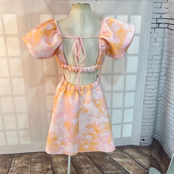 Asos NWT Pink Orange Bubble Smock Puff Sleeve Scuba Open Back Mini Dress Size 8 - Picture 5 of 10